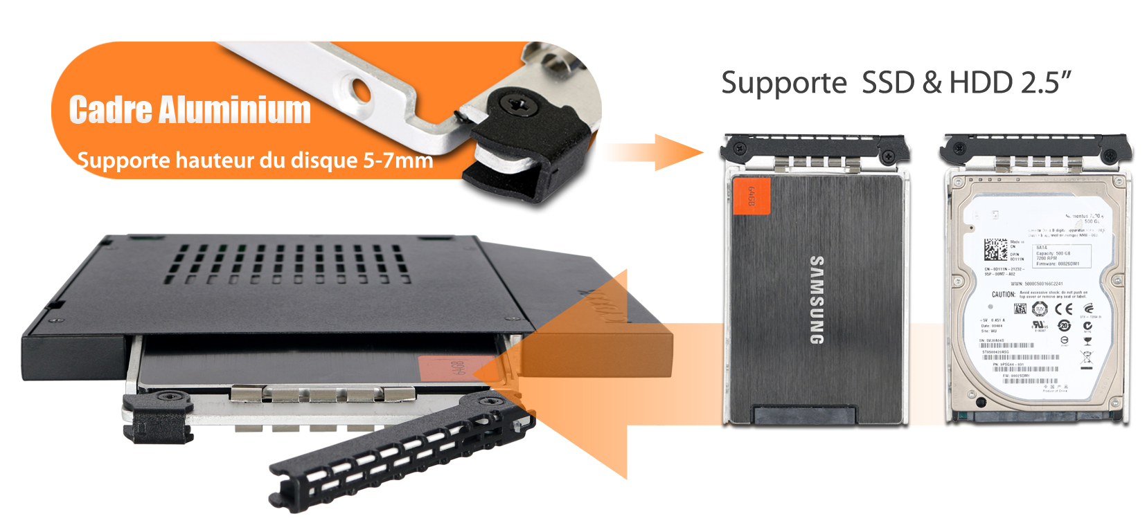 Photo d'un SSD et d'un HDD 2.5 pouces à droite et photo du cadre en aluminium du MB411SPO-2B à gauche