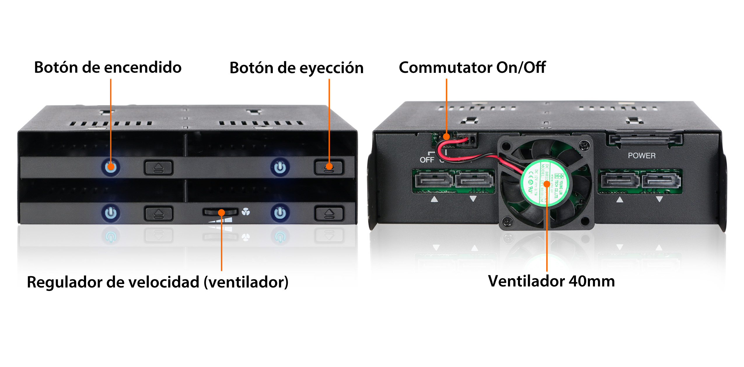 foto de las diferentes características del mb524sp-b: botón de encendido, botón de expulsión, interruptor de encendido/apagado del ventilador, ventilador de 40 mm, regulador de velocidad del ventilador