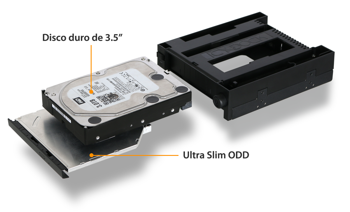 foto de un disco duro de 3,5 pulgadas y un ODD delgado insertados en un MB971SPO-B